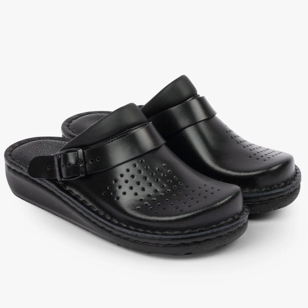 Zuecos Barcelona de Cuero Natural Negro