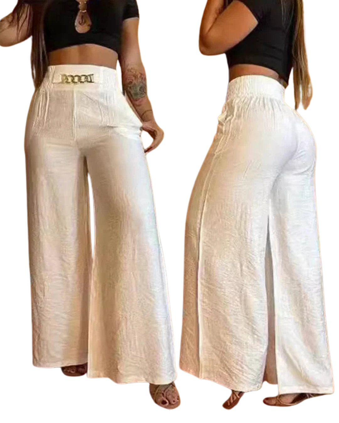 Pantalón de Talle Alto con Pernera Ancha y Detalle de Cinturón