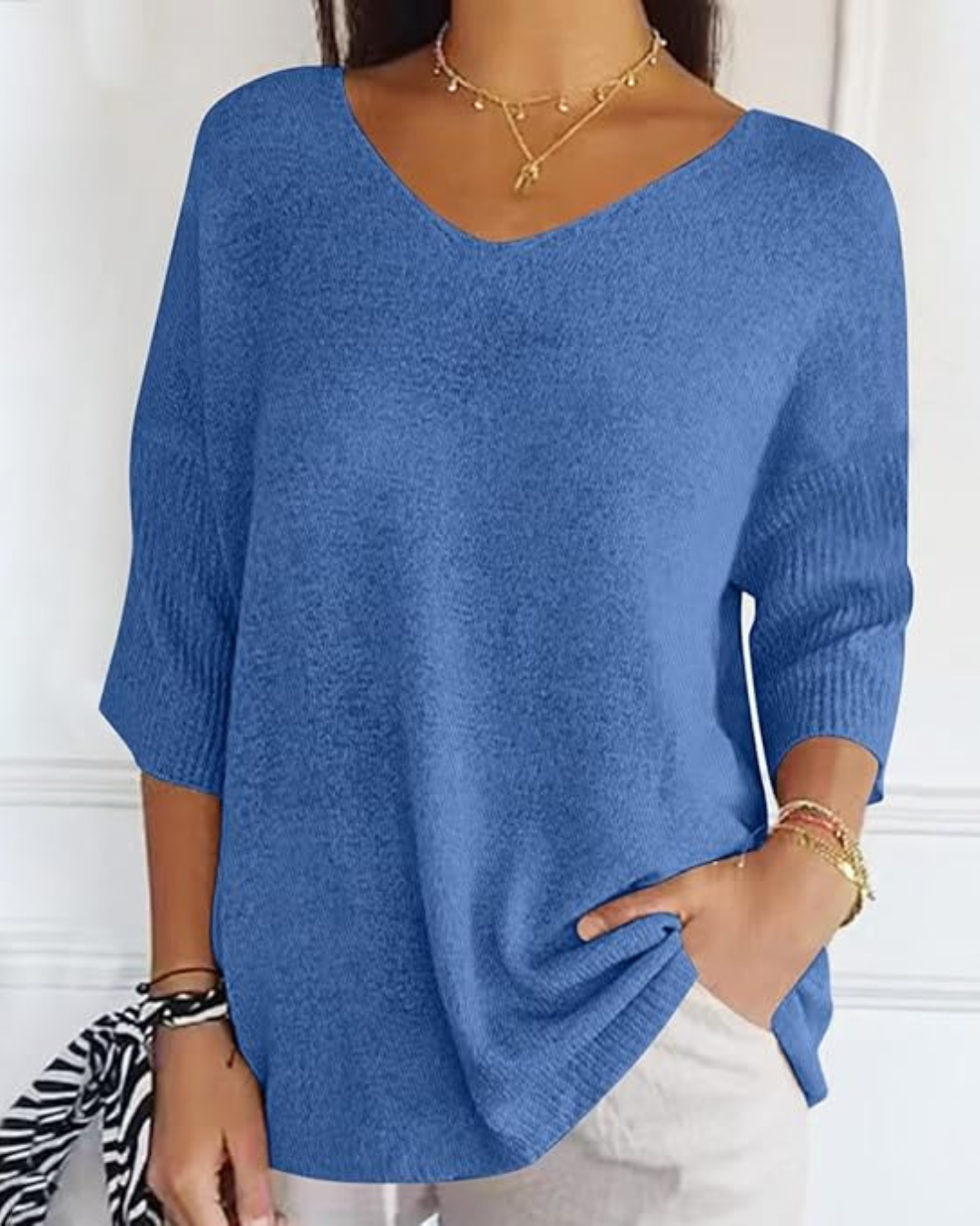 Blusa de Punto Ligera con Cuello en V y Manga Francesa para Mujer®