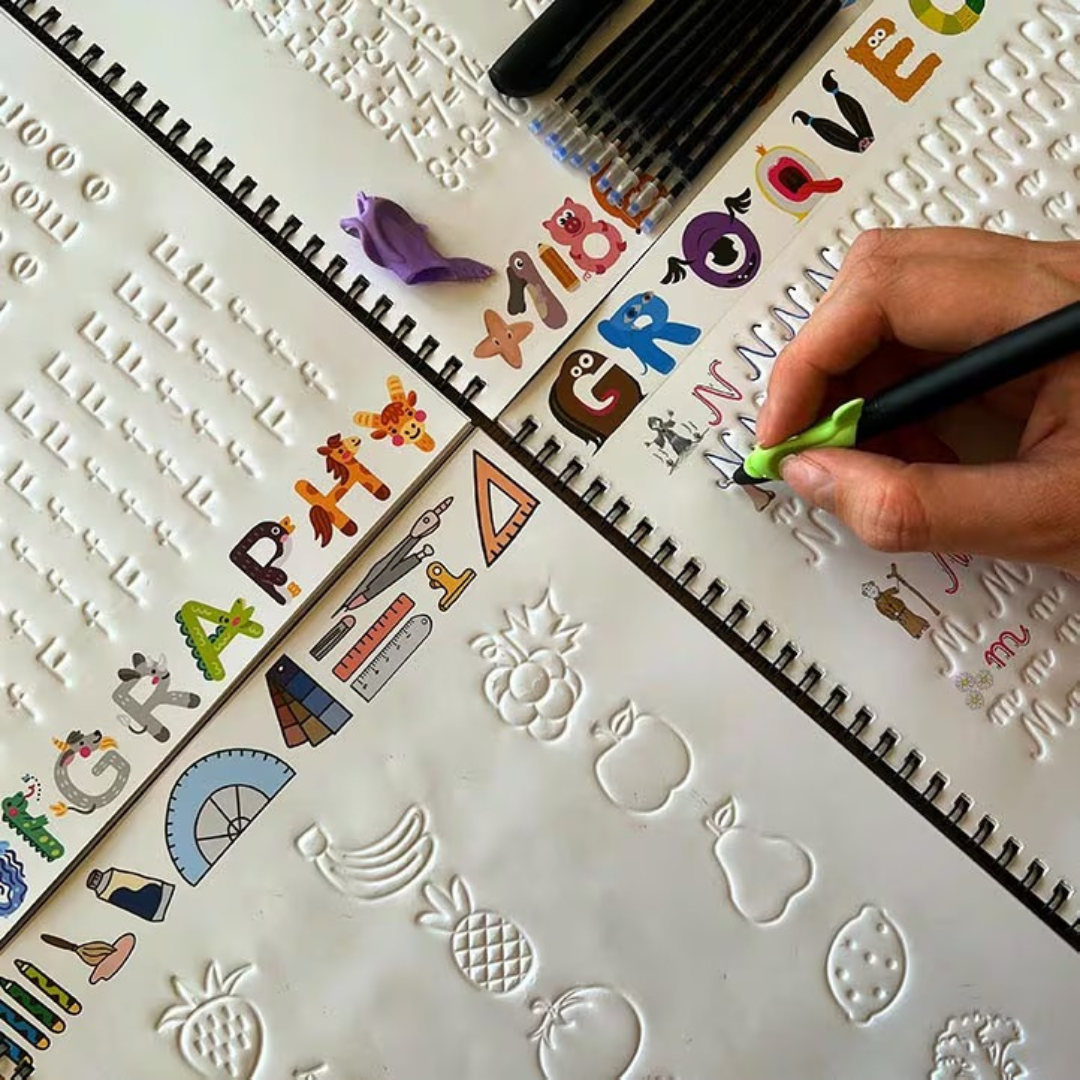 Manuales de escritura con ranuras guiadas y tinta mágica para el aprendizaje